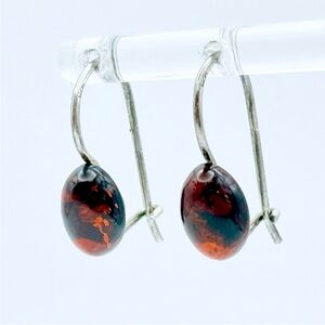 British Sterling Silver Amber Earrings - English Lion Passant Sterling Hallmark